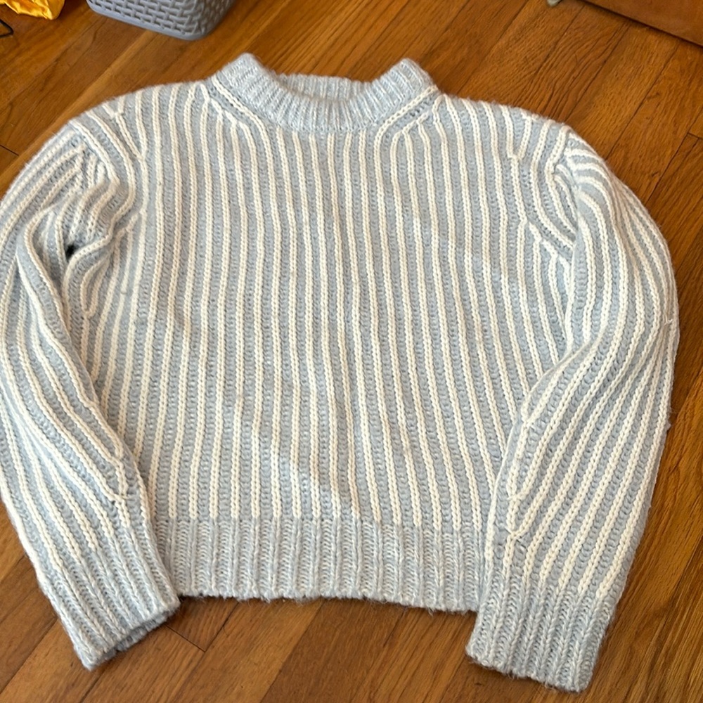 Elizabeth and James Cream and Light Blue Striped Crewneck Sweater